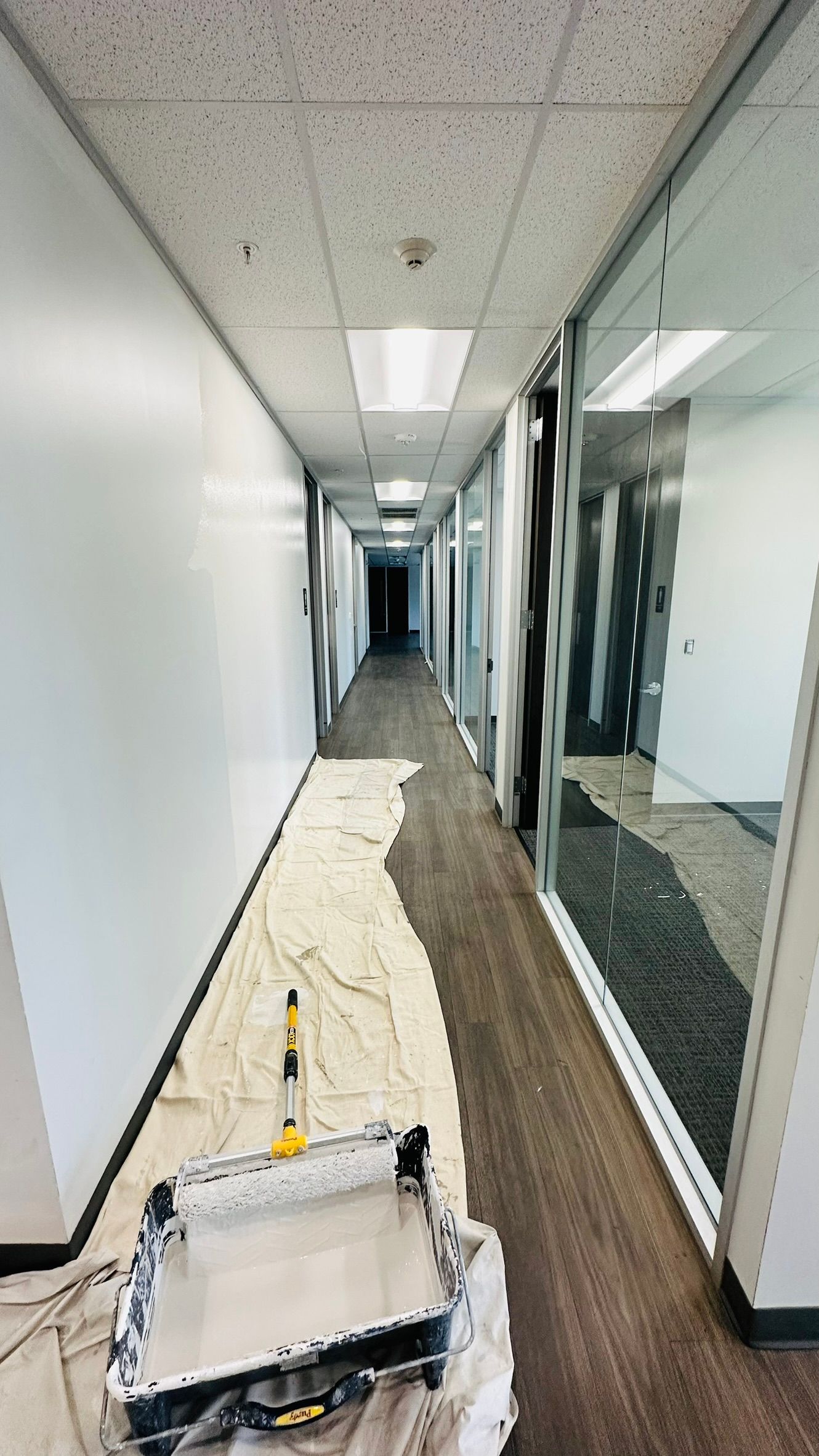 Long office hallway being painted; white walls, carpet, paint tray, drop cloth, and glass-walled rooms.