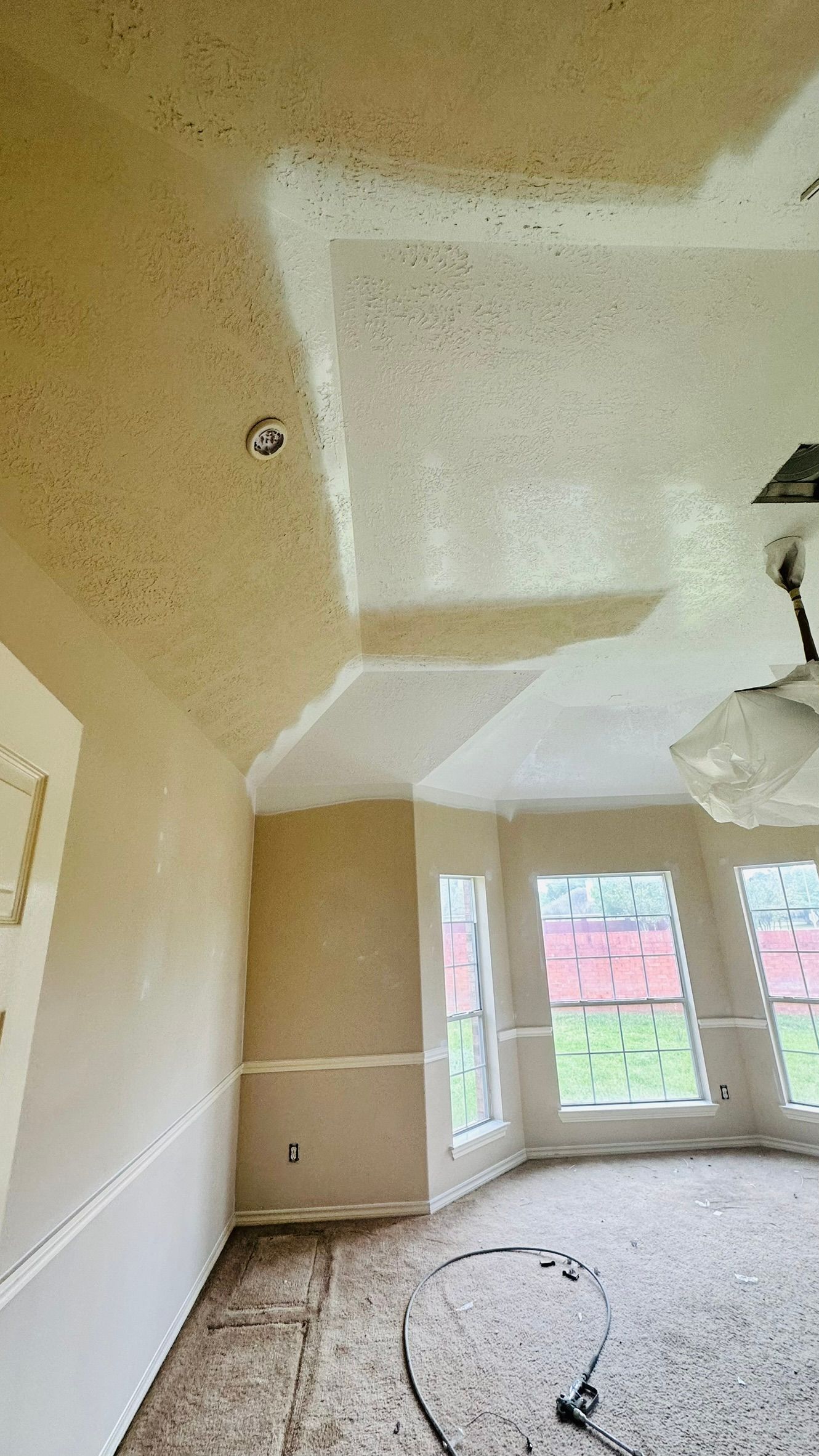 Room with partially painted popcorn ceiling and walls, carpeted floor, windows, and a ceiling fan.