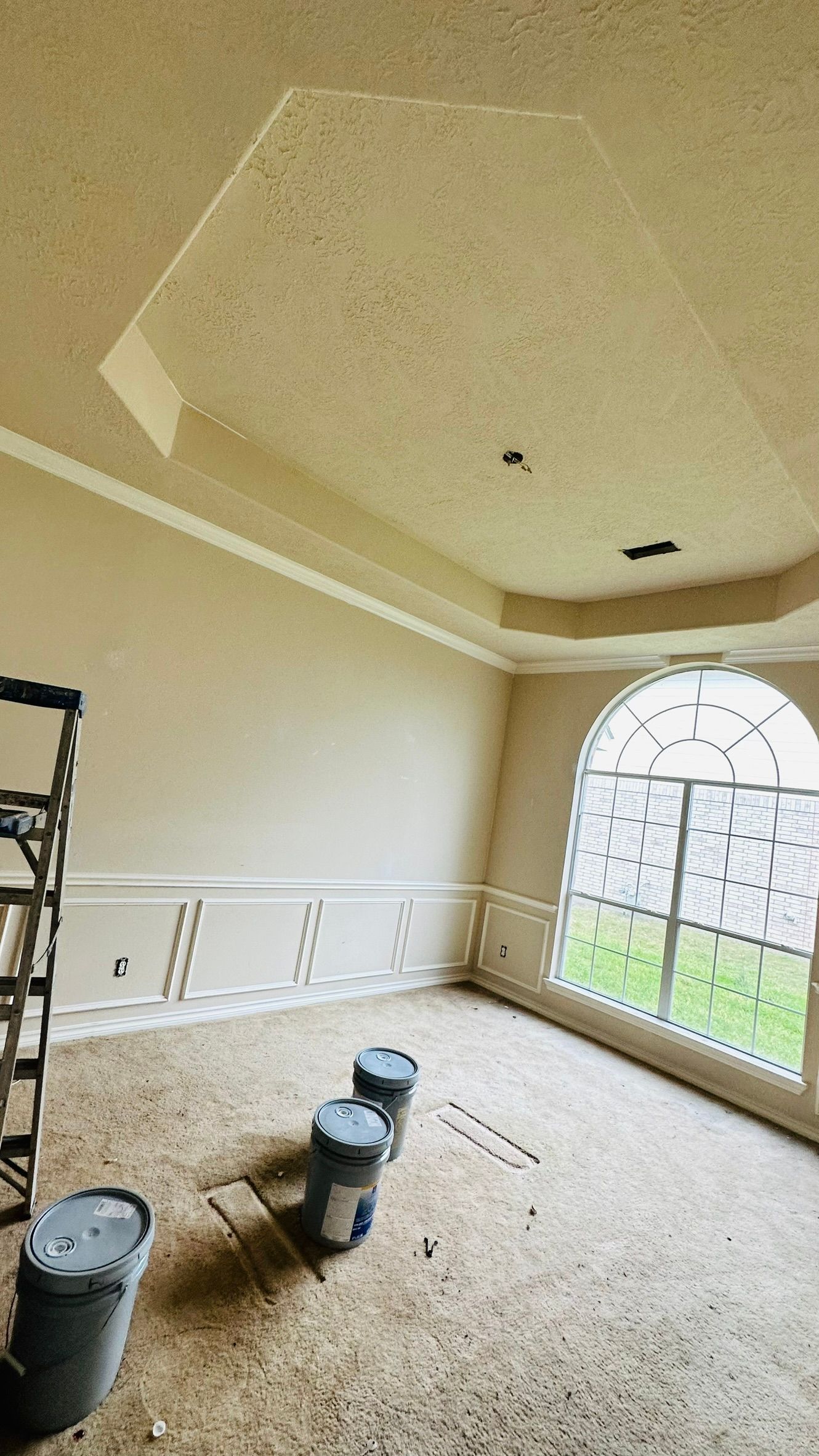 Room with beige walls, tray ceiling, arched window, and paint buckets on the floor.