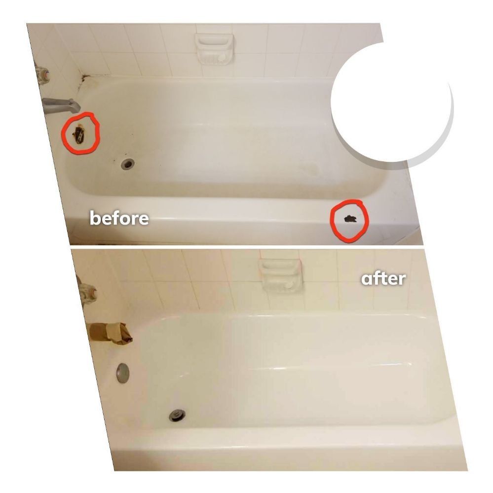 Comparison of a bathtub before and after cleaning: the tub is white and appears much cleaner after.