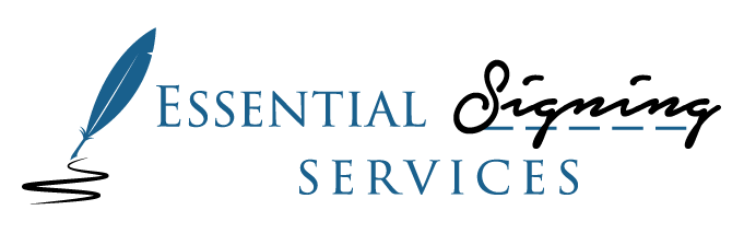 A logo for essential signing services with a feather in the middle