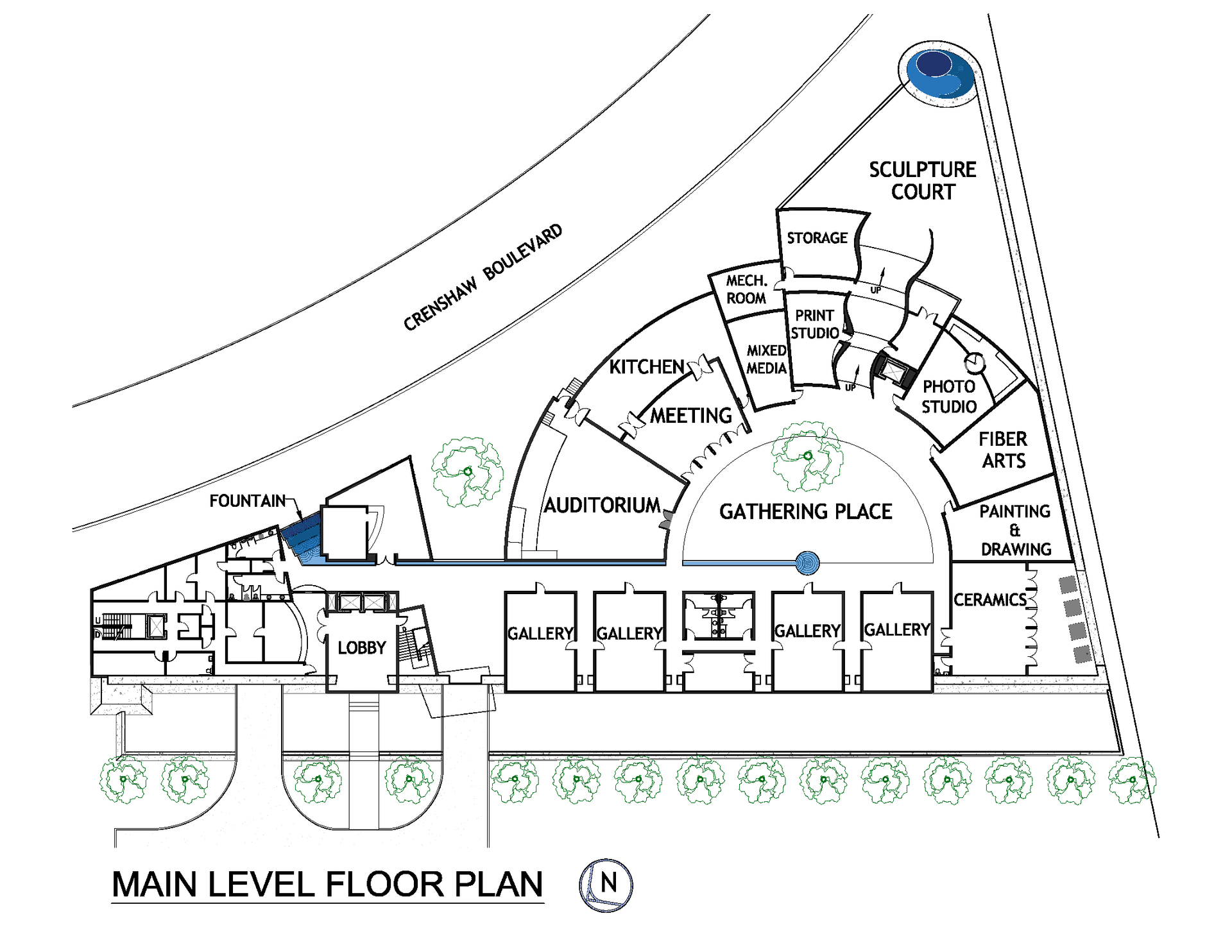 A black and white drawing of a main level floor plan