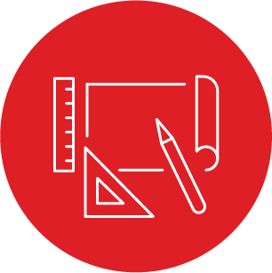 A red circle with a ruler , pencil , and triangle in it.