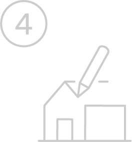 A line drawing of a house with a pencil and a number four.