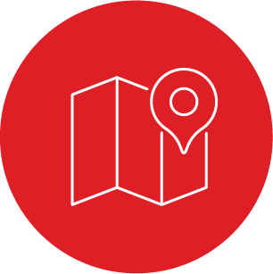 A map with a pin on it in a red circle.