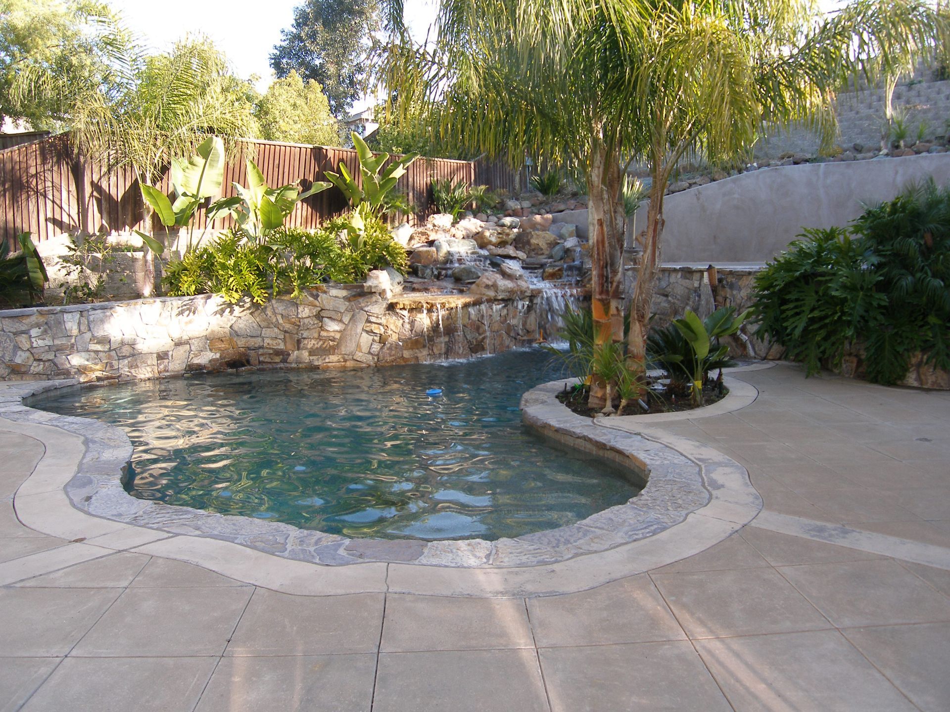Backyard pool with rock waterfall, curved stone deck, and surrounding palm trees