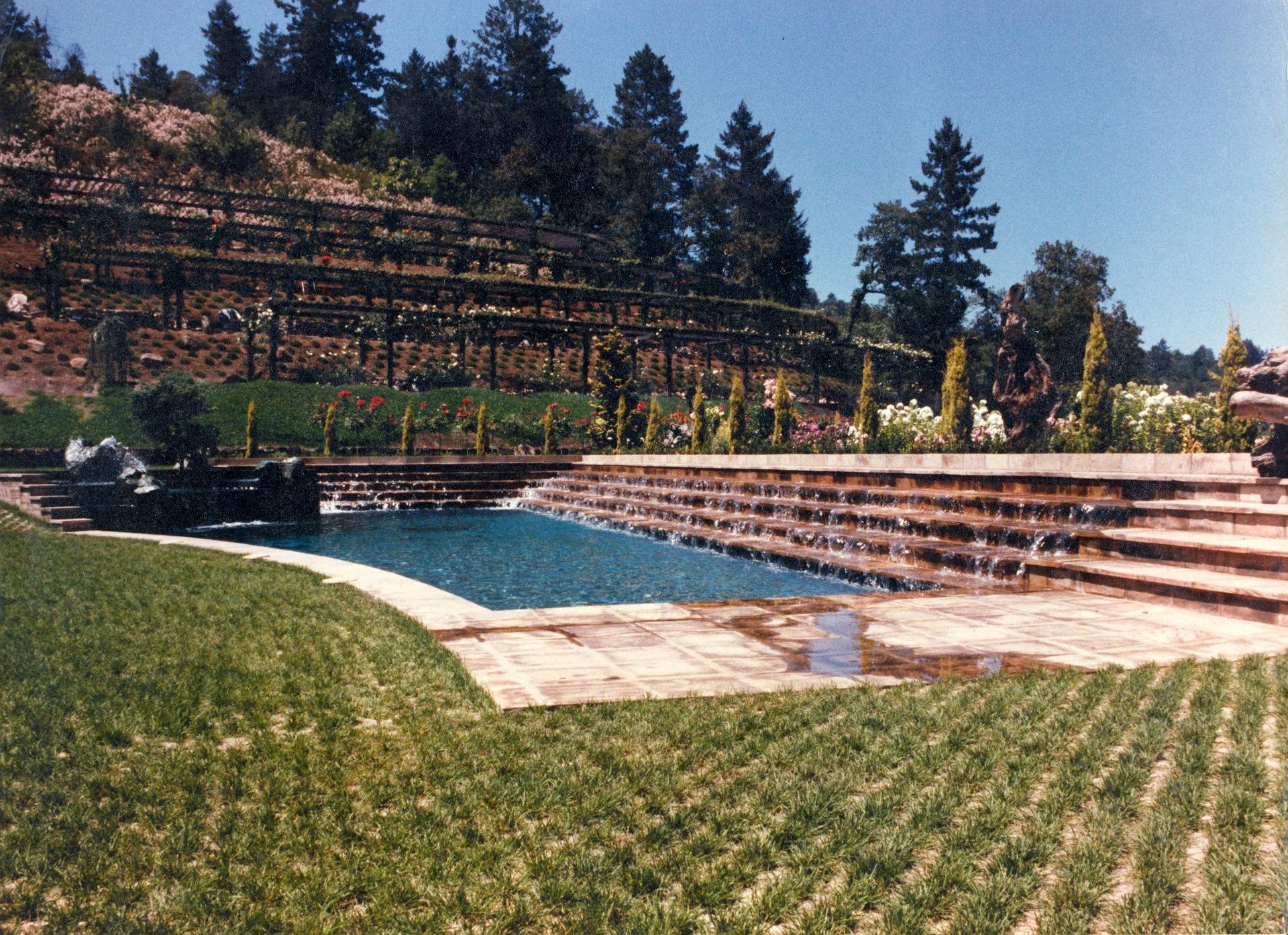 Backyard pool with terraced stone steps, green lawn, and trees under a clear blue sky
