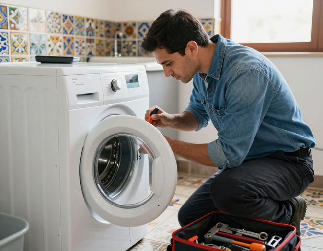 Técnico reparando lavadora a domicilio
