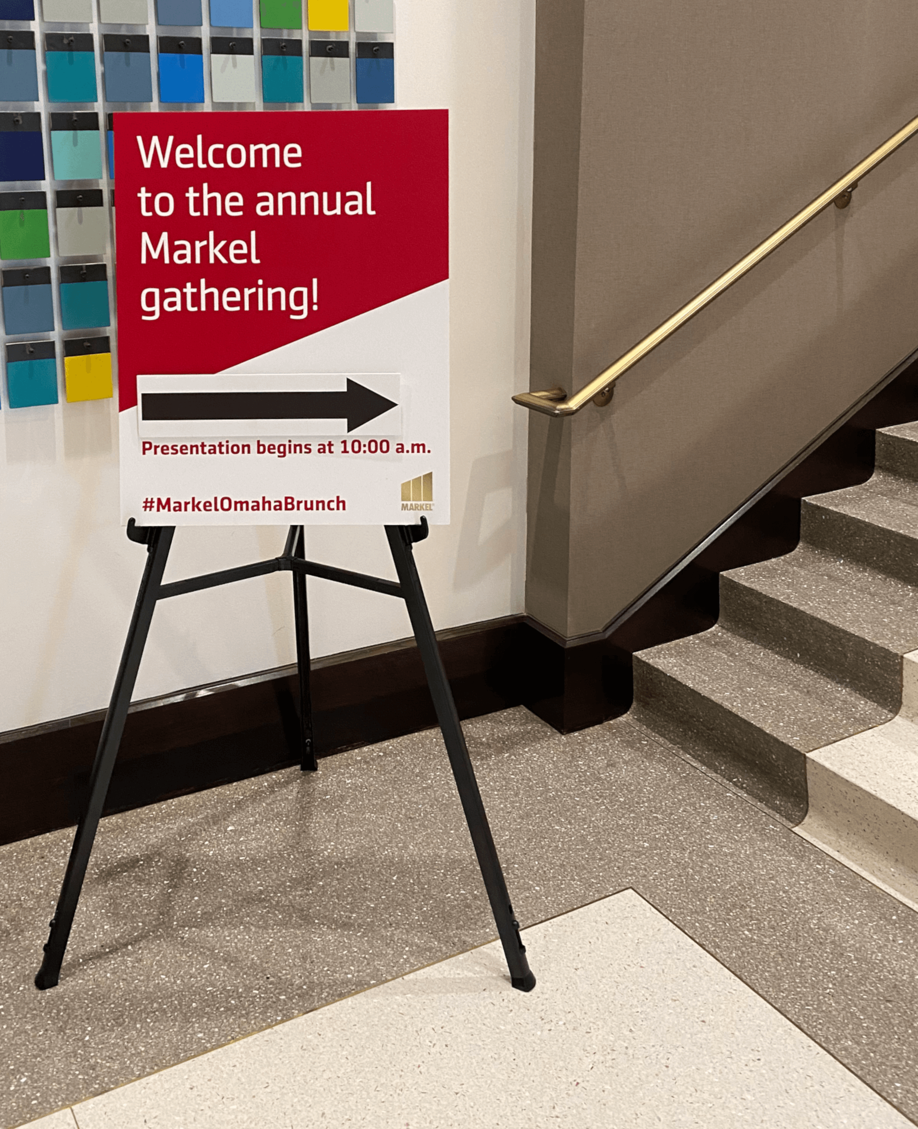 Welcome sign and signpost to the annual Markel meeting in Omaha