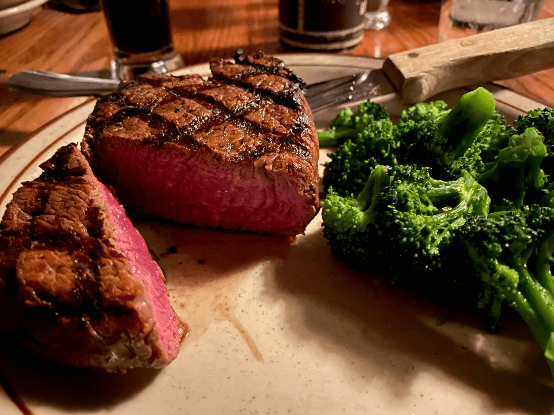 12 ounce whiskey marinated filet with broccoli at The Drover Steakhouse in Omaha