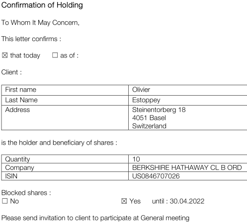 Confirmation of Holding for Berkshire Hathaway Shares