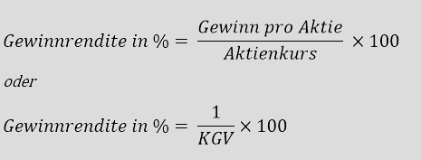 Abbildung der Formel zur Berechnung der Gewinnrendite in Prozent.
