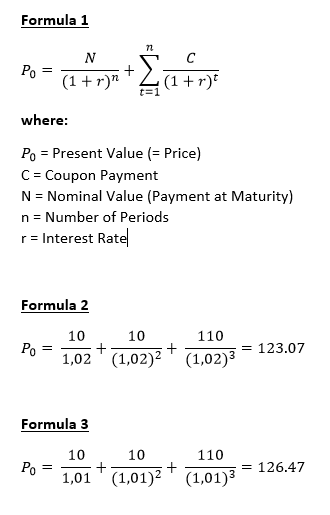 Illustration of the formulas for the valuation of bonds. The present value calculated in formula 2 is 123.07. The present value calculated in formula 3 is 126.47.