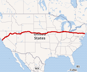 The route of Interstate 80 shown on a map