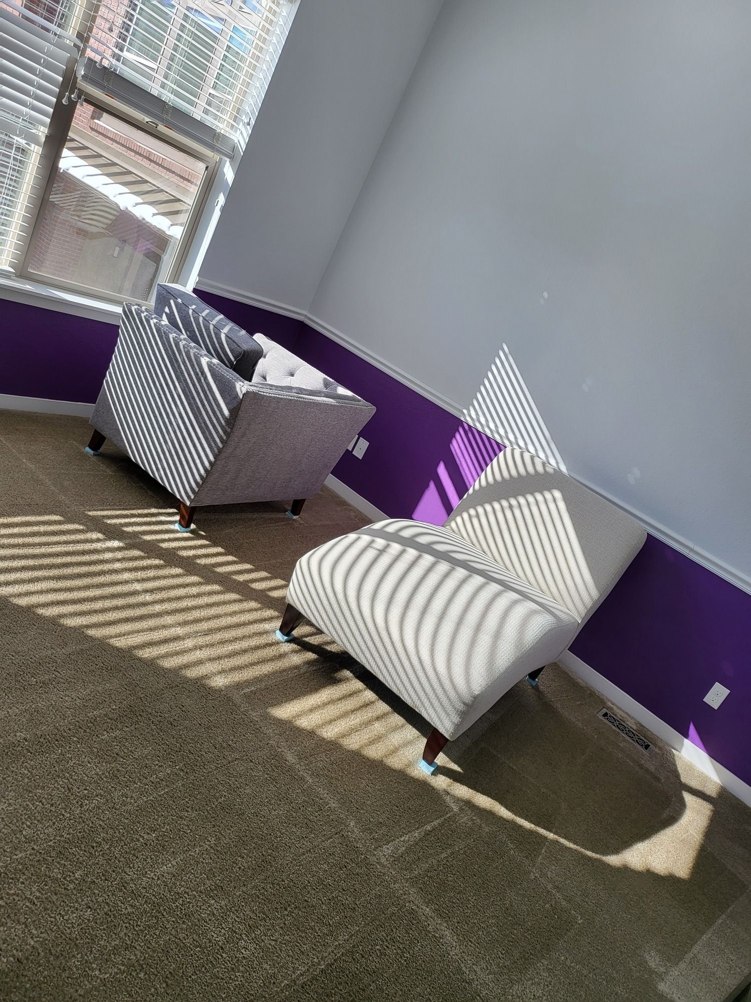 A living room with purple walls , white chairs , and a window.