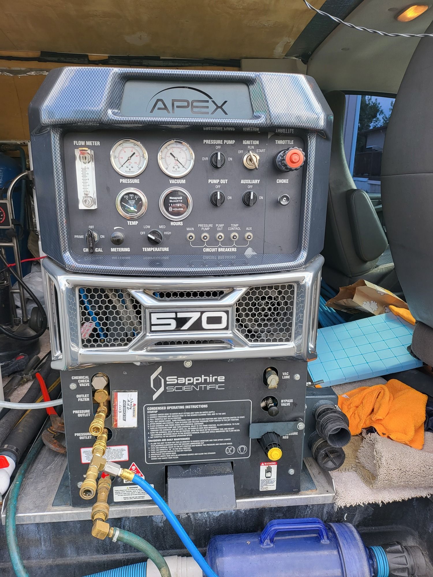An apex 570 machine is sitting in the back of a truck.