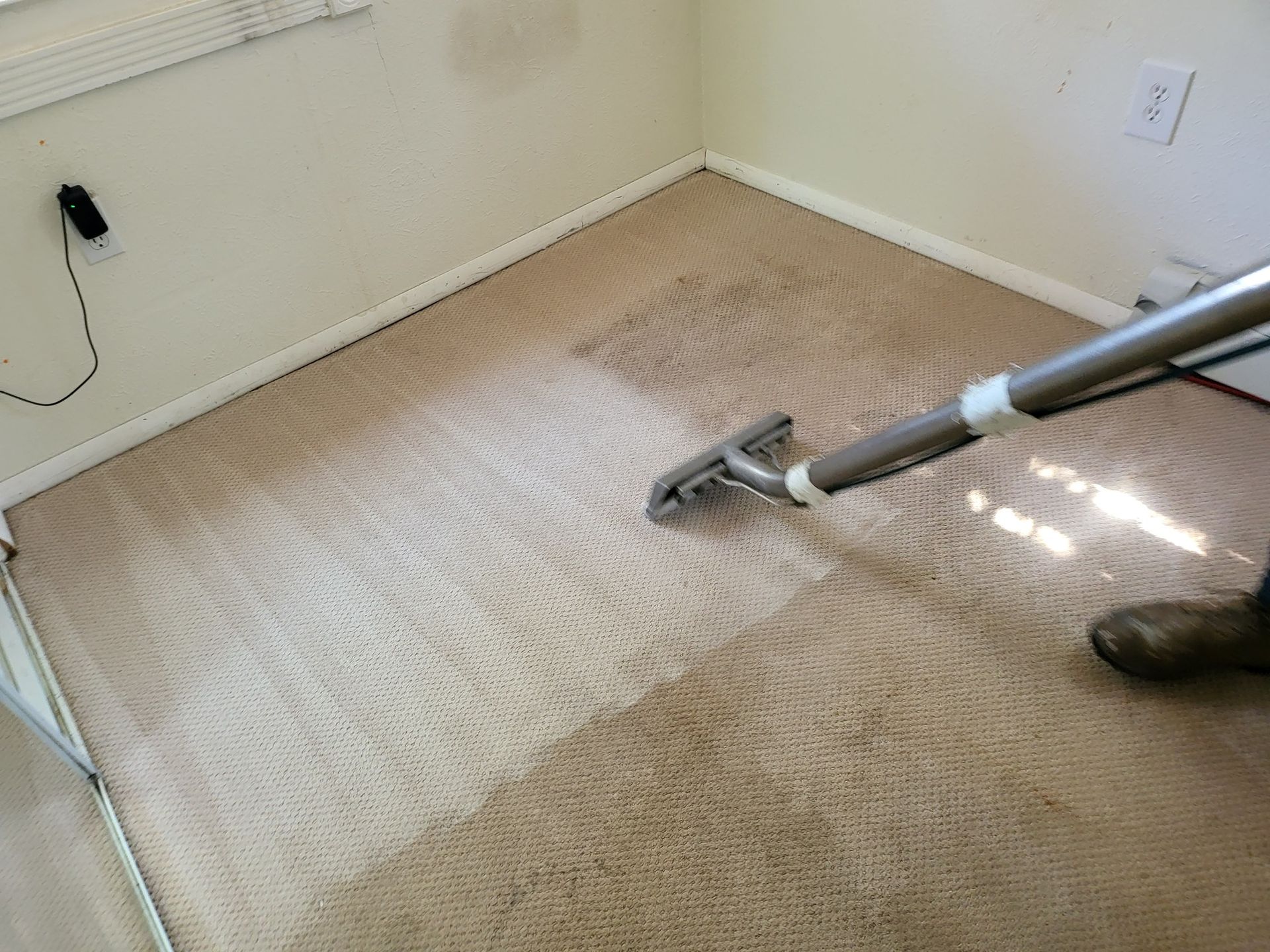 A person is using a vacuum cleaner to clean a carpet in a room.