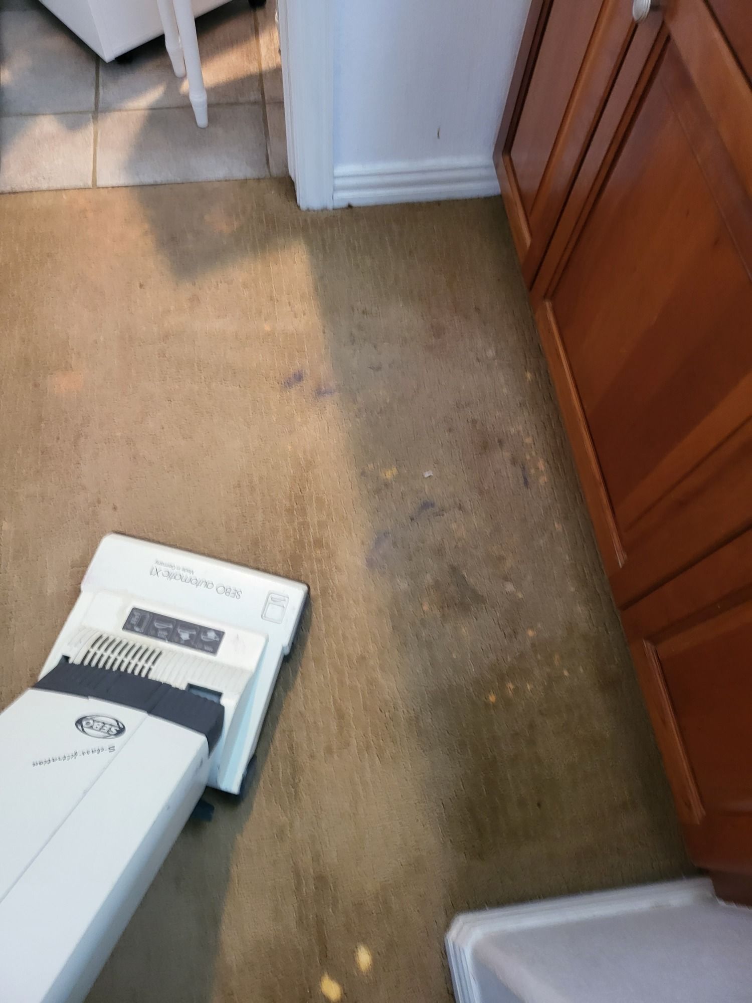 A vacuum cleaner is laying on the floor in a kitchen