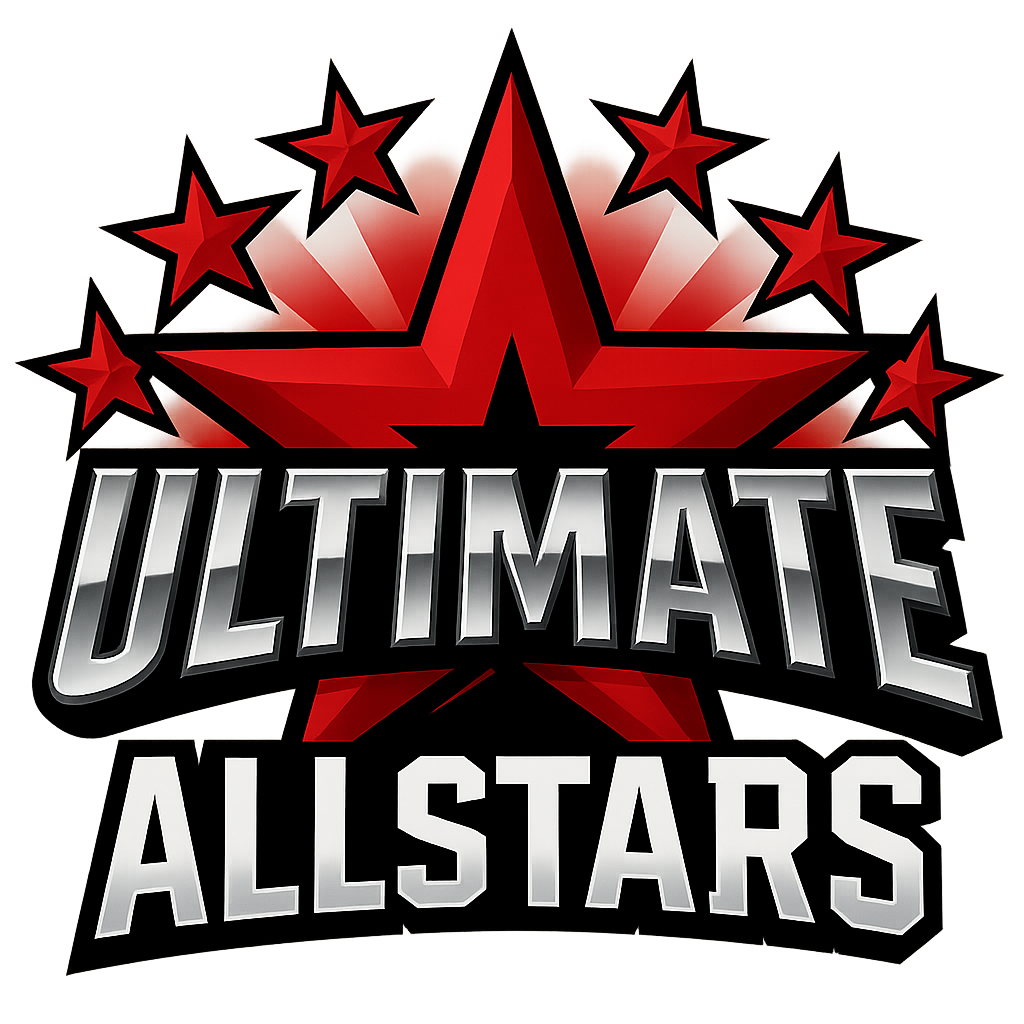 A logo for ultimate allstars with a red star and five red stars