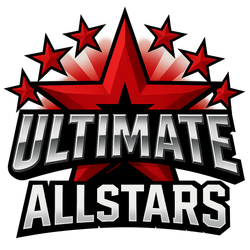 A logo for ultimate allstars with a red star and five red stars