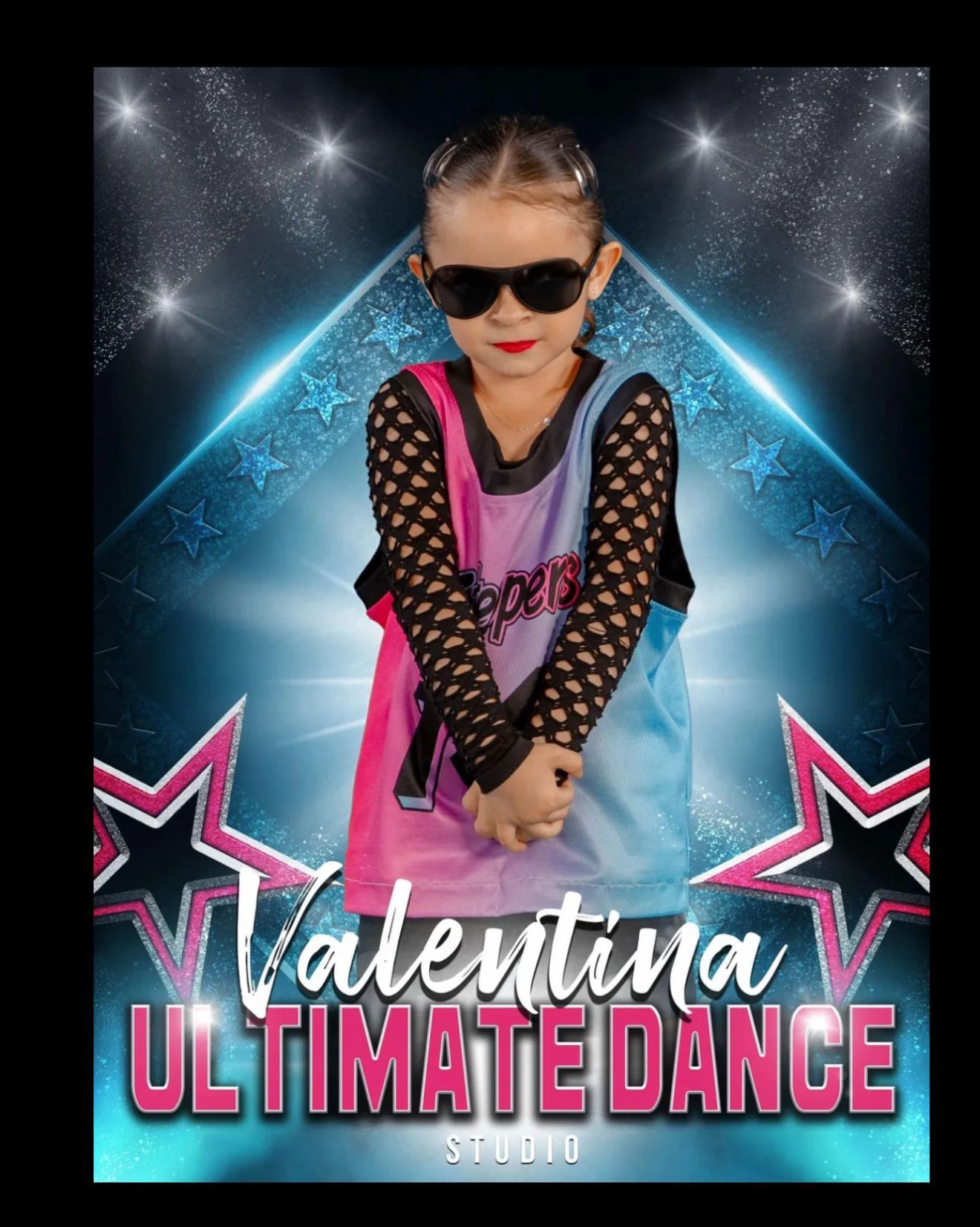 A little girl wearing sunglasses is on a poster that says valentina ultimate dance