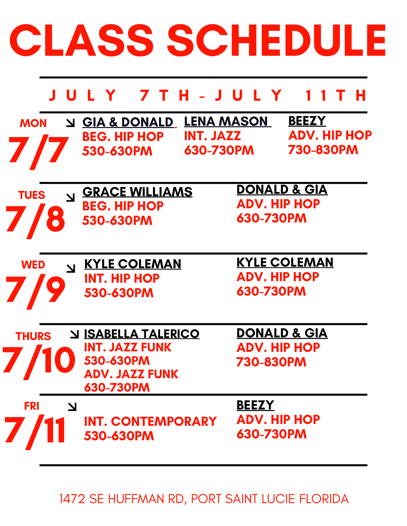 A class schedule for july 7th through july 11th