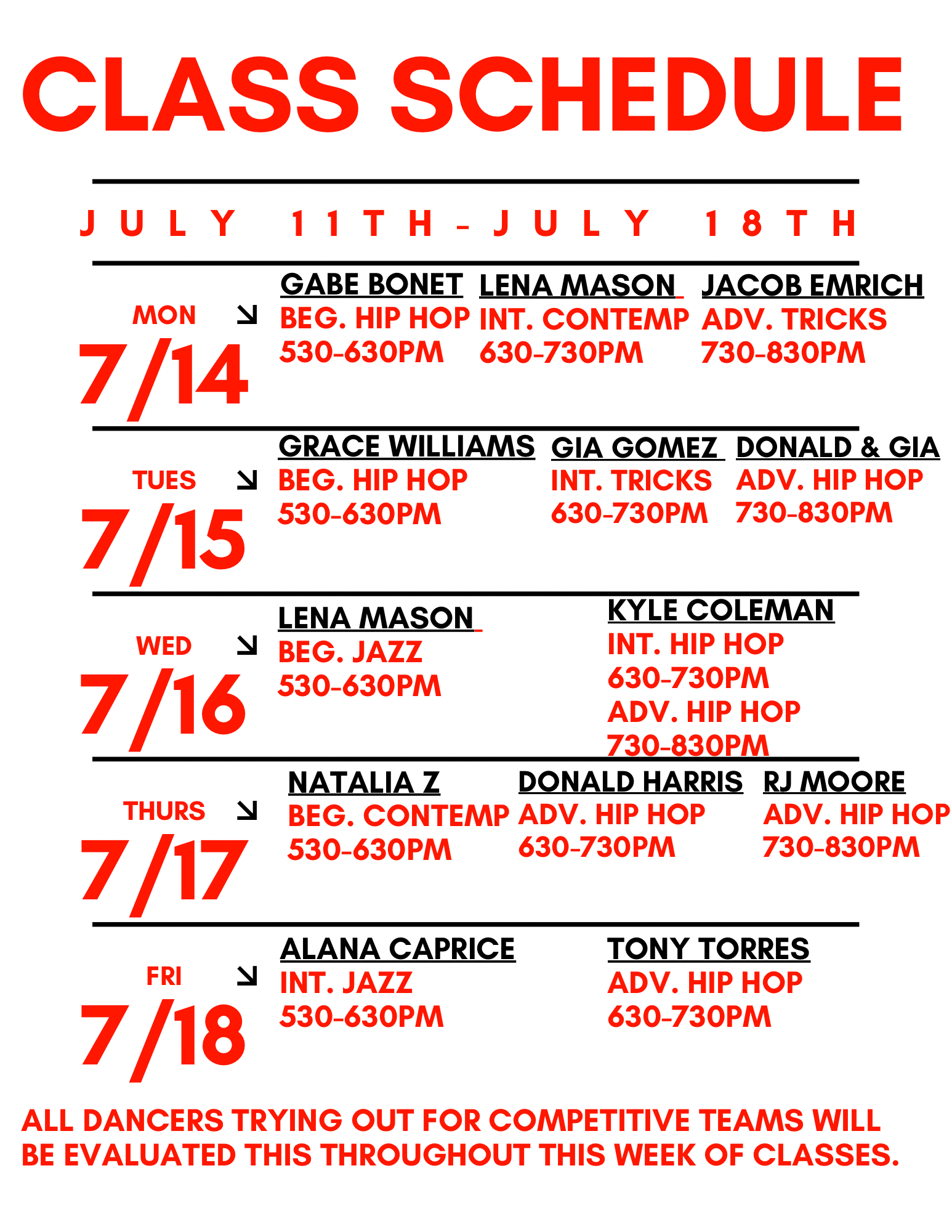 A class schedule for july 11th through july 18th