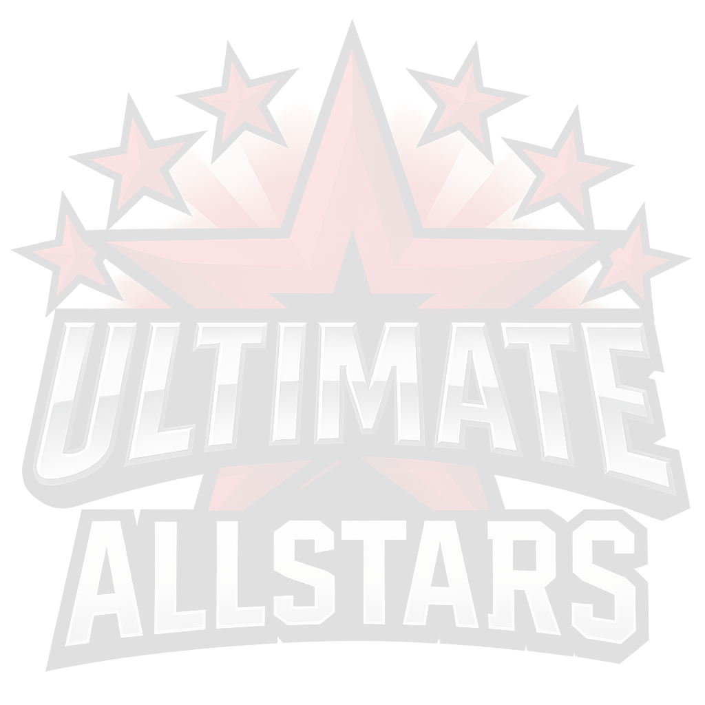 A logo for ultimate allstars with a red star on a white background.