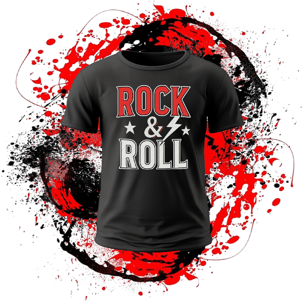A black t-shirt with the words rock and roll on it