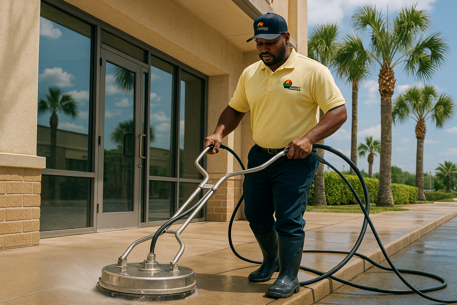 A man is cleaning the sidewalk outside of a building with a power washing machine.