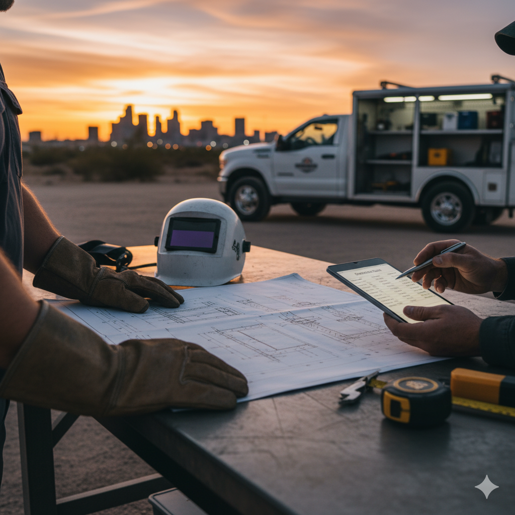 Two welders review blueprints at sunset, welding helmet, and a work truck in the background.