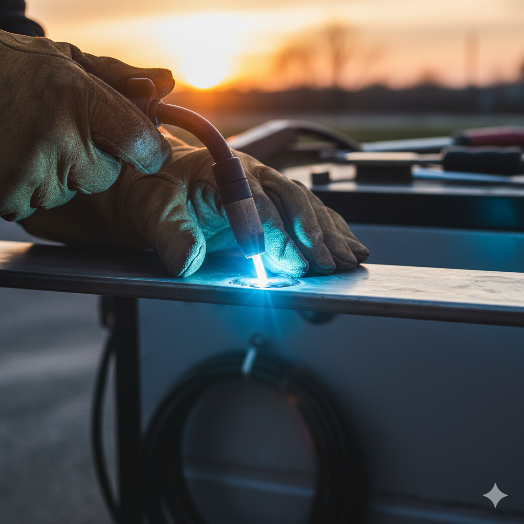 Welder wearing gloves welding metal outdoors at sunset, bright blue sparks.