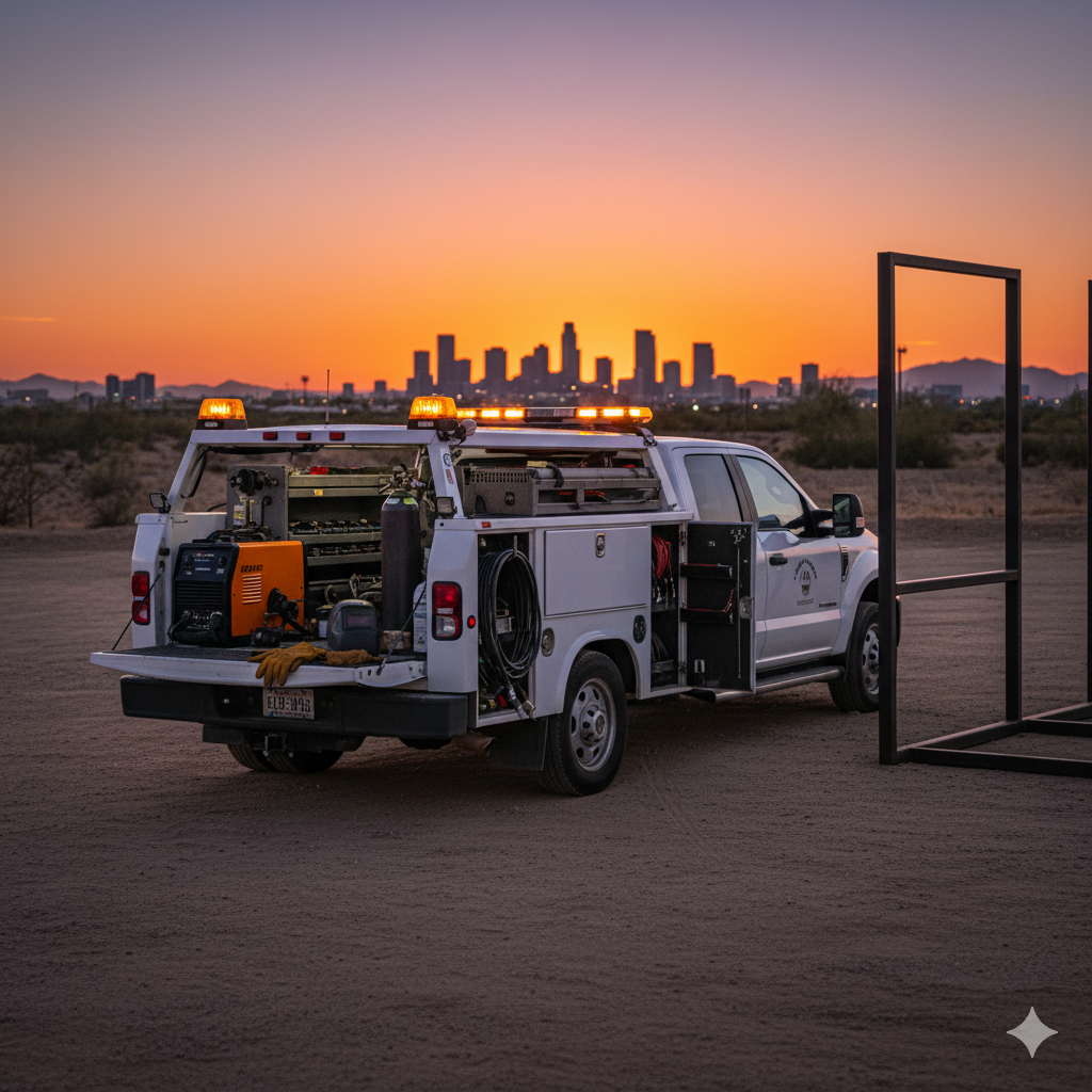White work truck with lights open, parked in a desert at sunset, city skyline in the background.