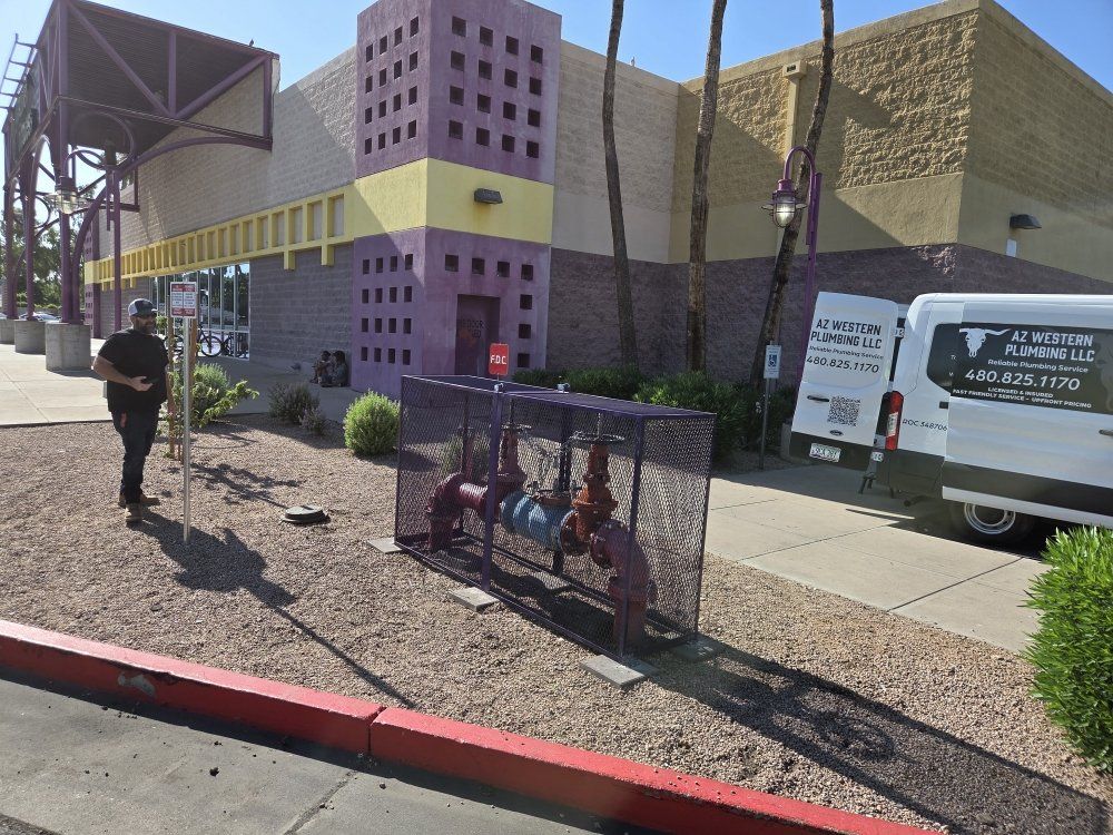 Person standing near a building with purple and yellow accents.  A water valve is caged nearby. A van is parked.