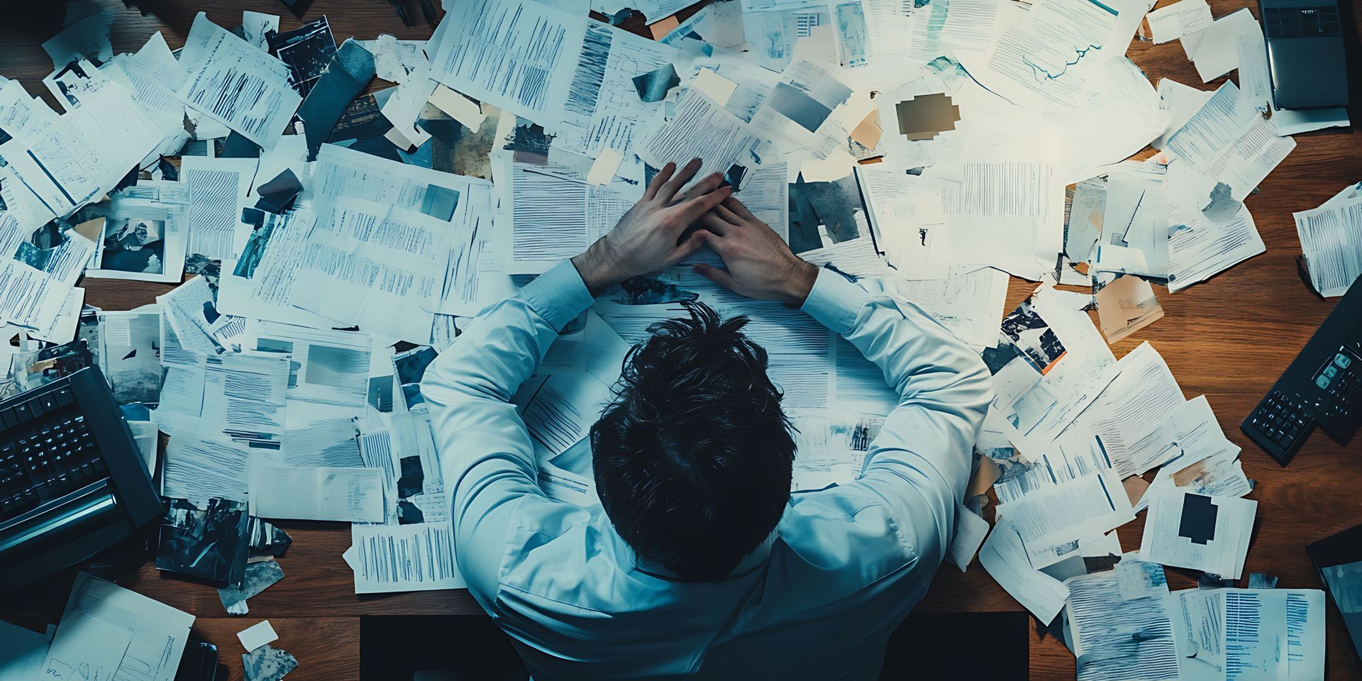 Man with hands on head, surrounded by papers on a wooden table, looking stressed.