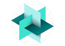 Geometric teal shapes intersecting within a white sphere.