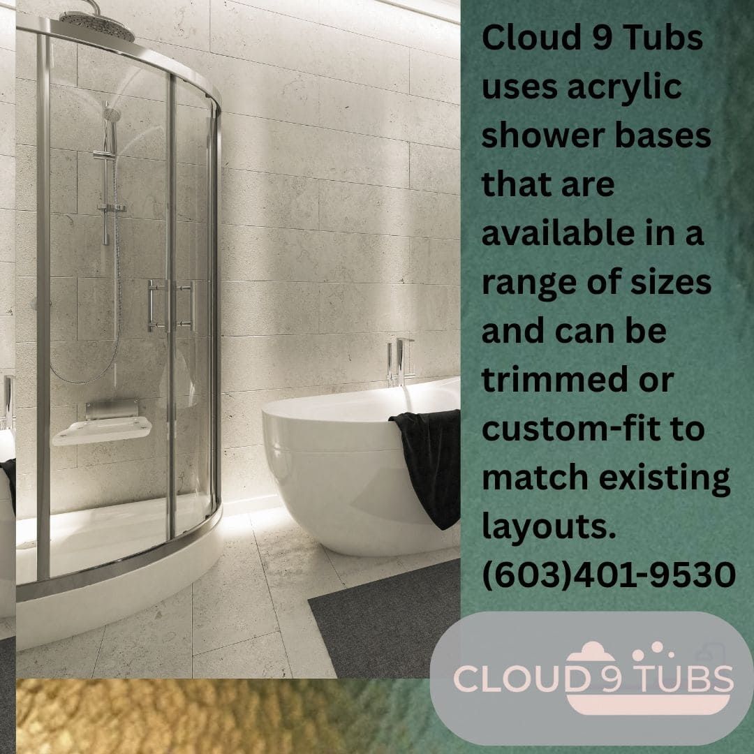 A contemporary bathroom with a curved glass walk-in shower enclosure and a white freestanding bathtub.