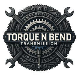 A logo for torque n bend transmissions with a gear in the middle.
