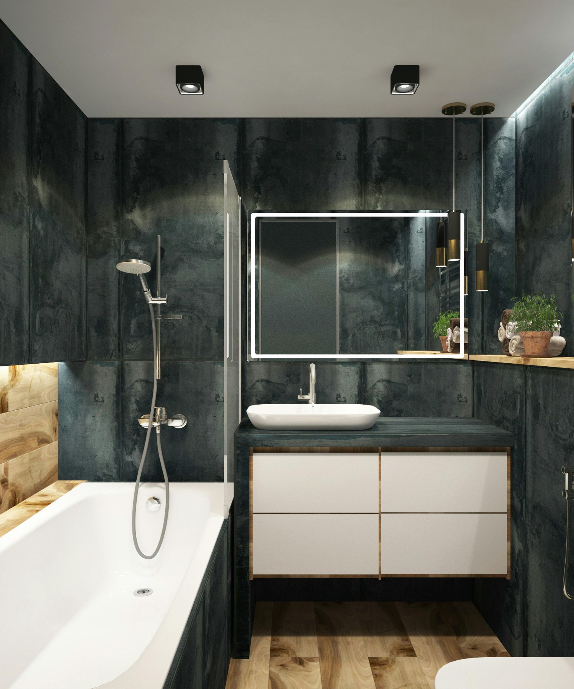 Modern bathroom with black walls, white tub, floating vanity, and large mirror.