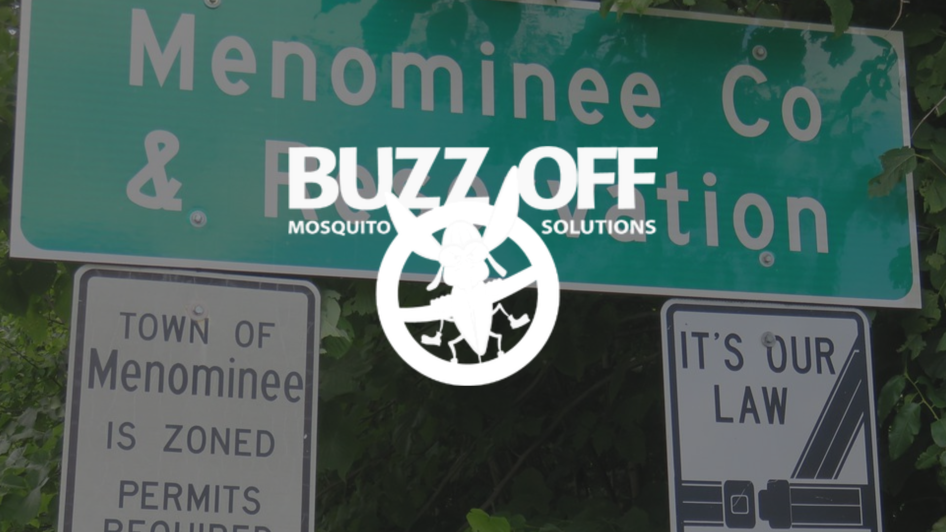 A green sign that says buzz off mosquito solutions on it