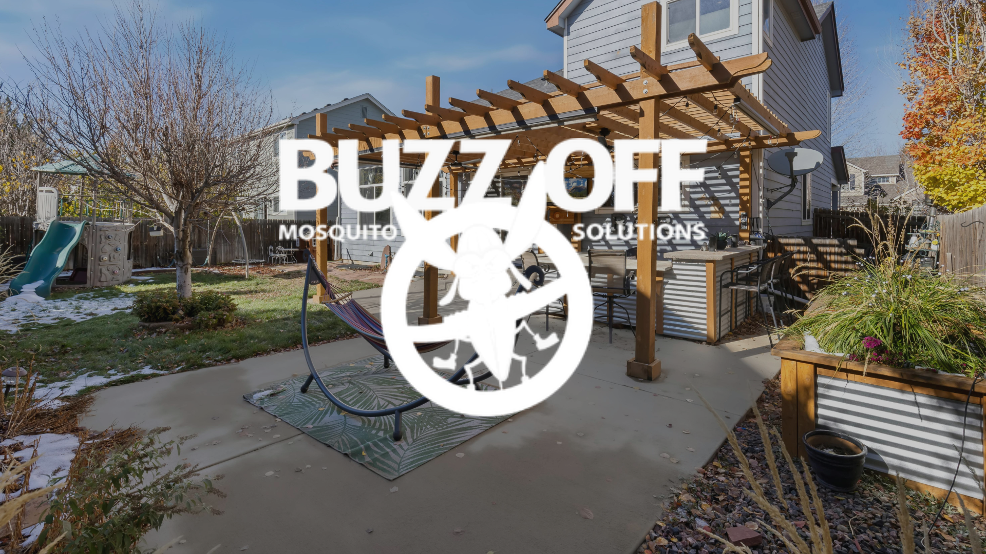 A picture of a backyard with a pergola and a hammock.