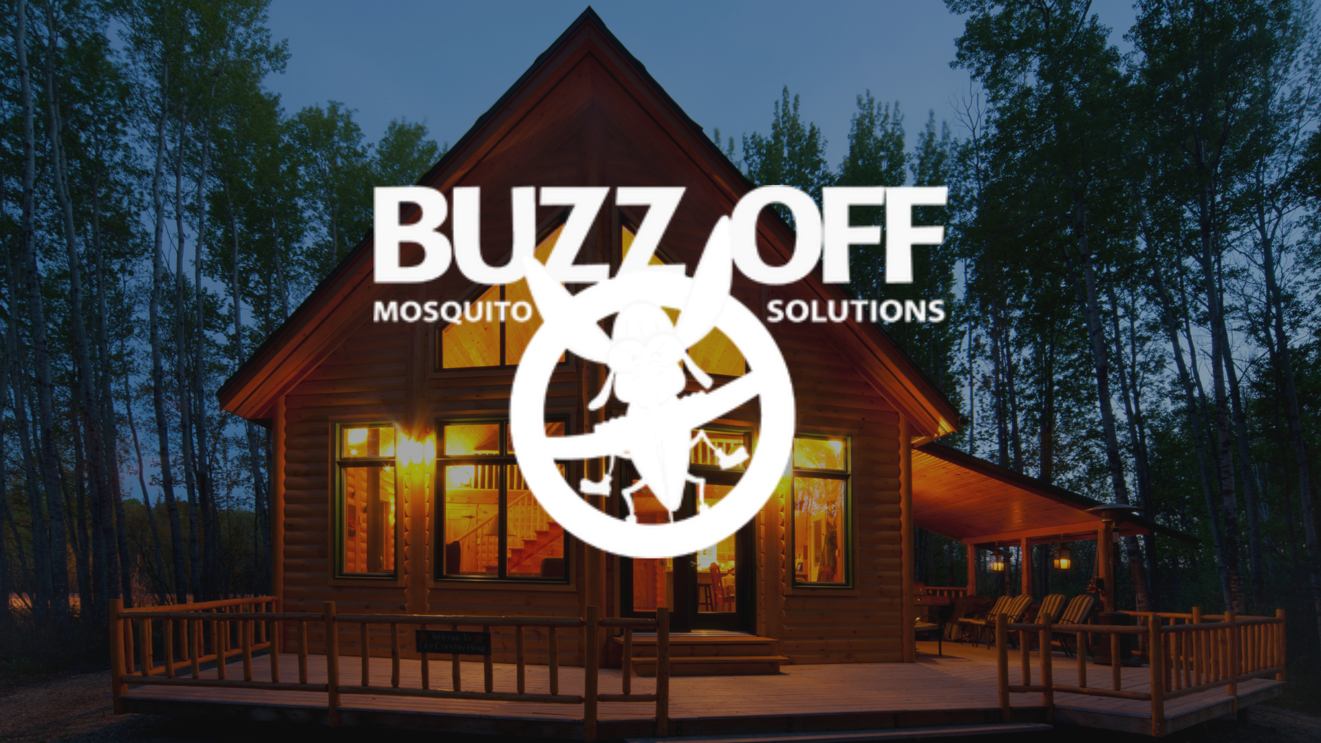 The logo for buzz off mosquito solutions is on a patio with a table and chairs.