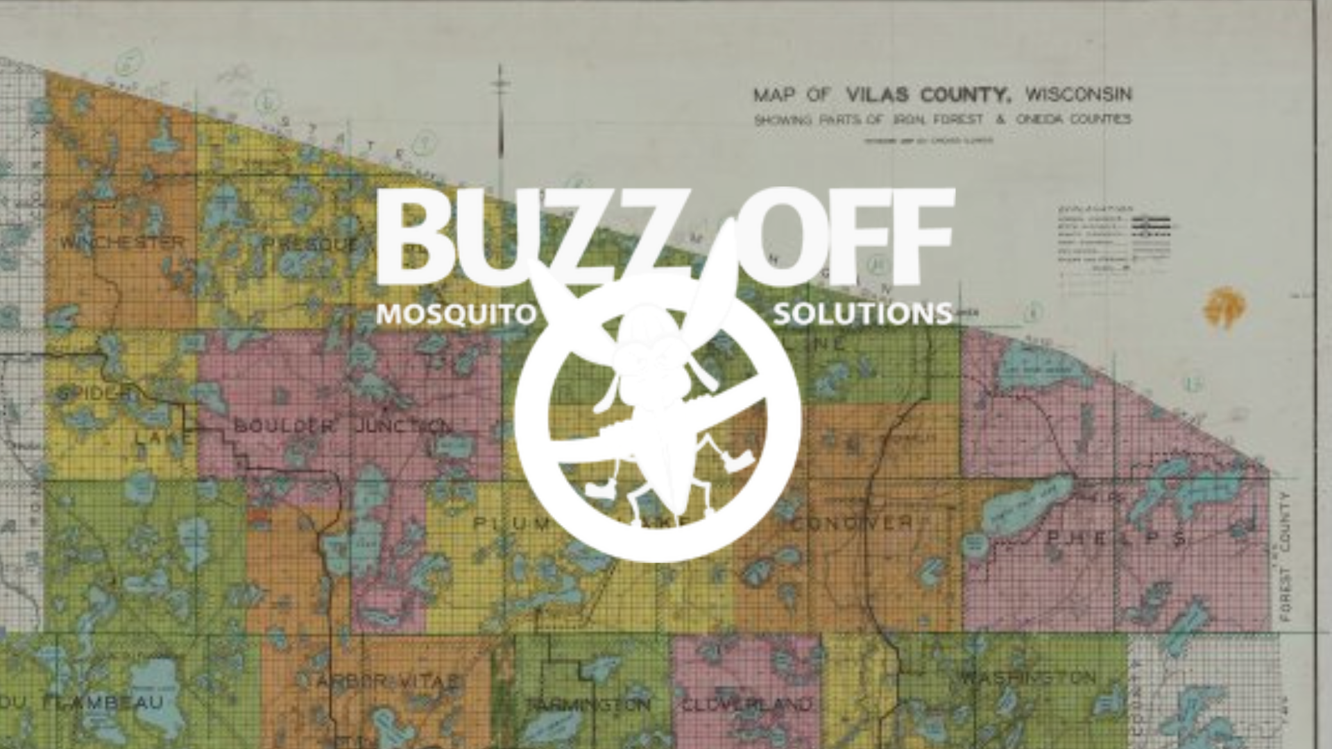 A vilas county wi map with a buzz off mosquito solutions logo on it