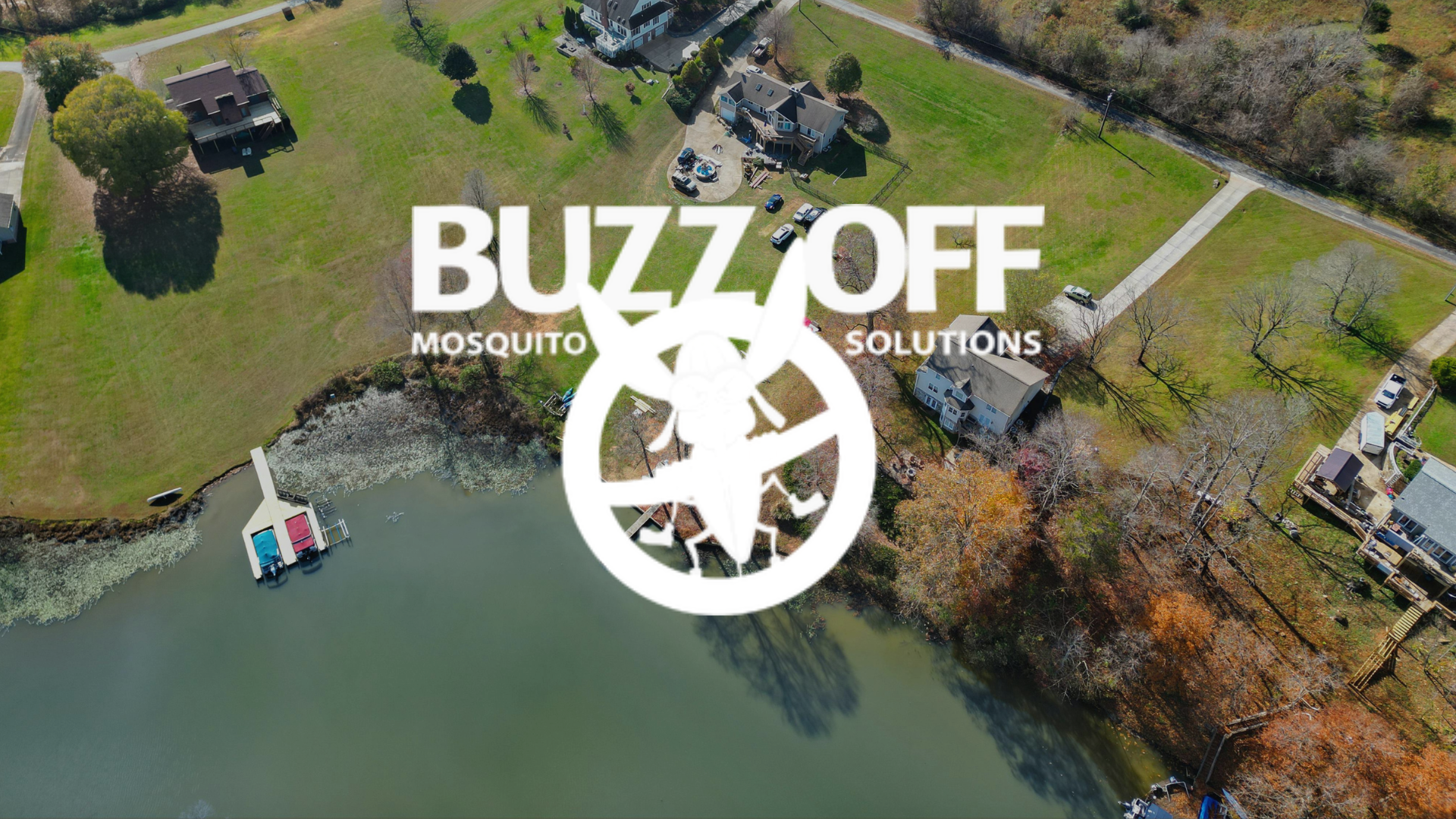 An aerial view of a residential area with a logo for buzz off mosquito solutions.