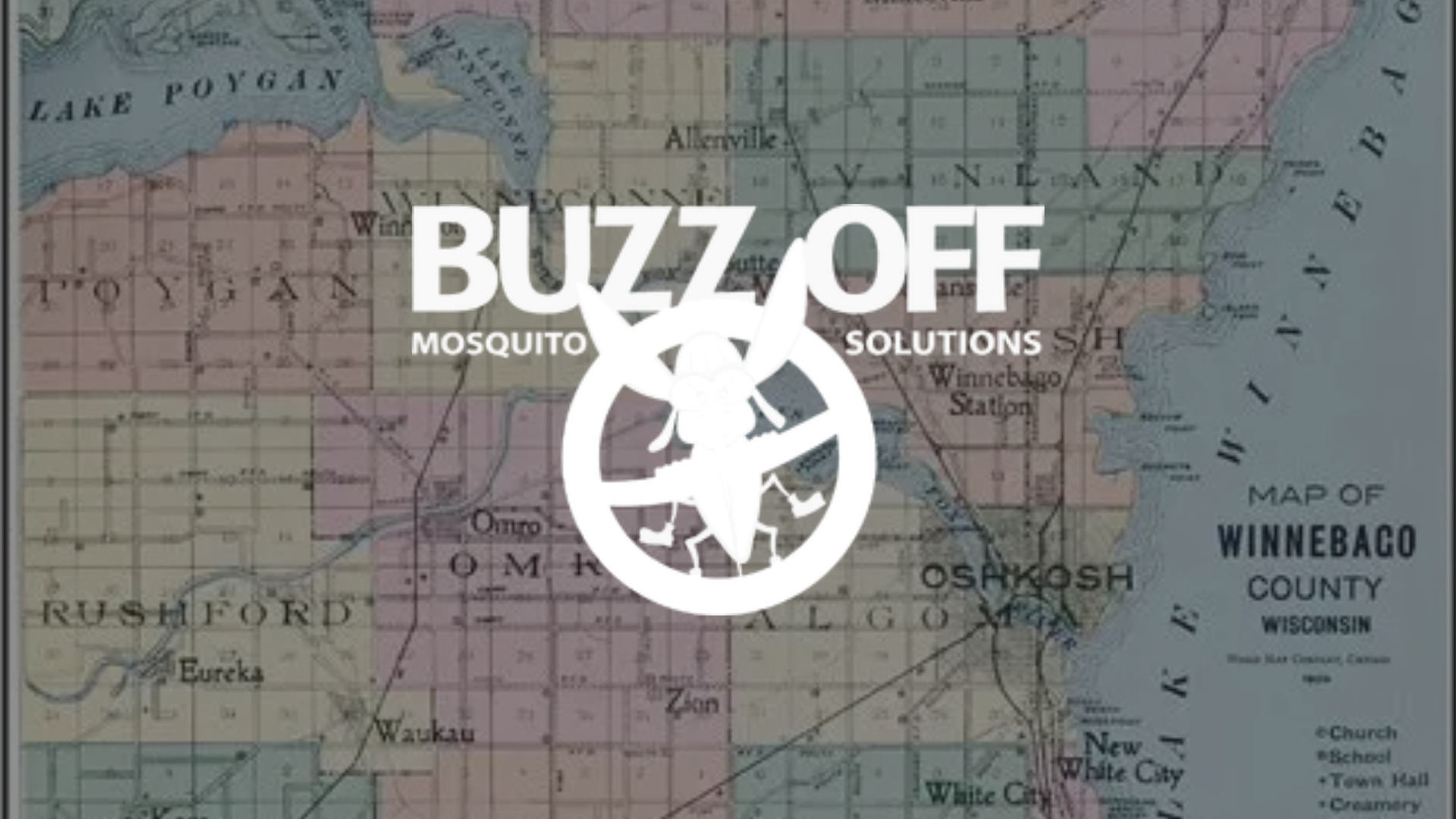 A map of winnebago county with the logo for buzz off mosquito solutions