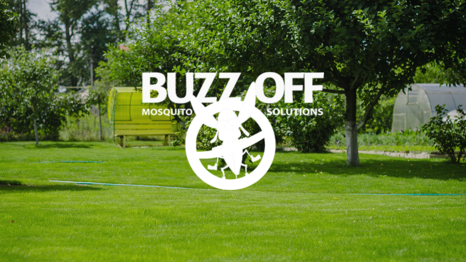 A logo for buzz off mosquito solutions is on a lush green lawn.