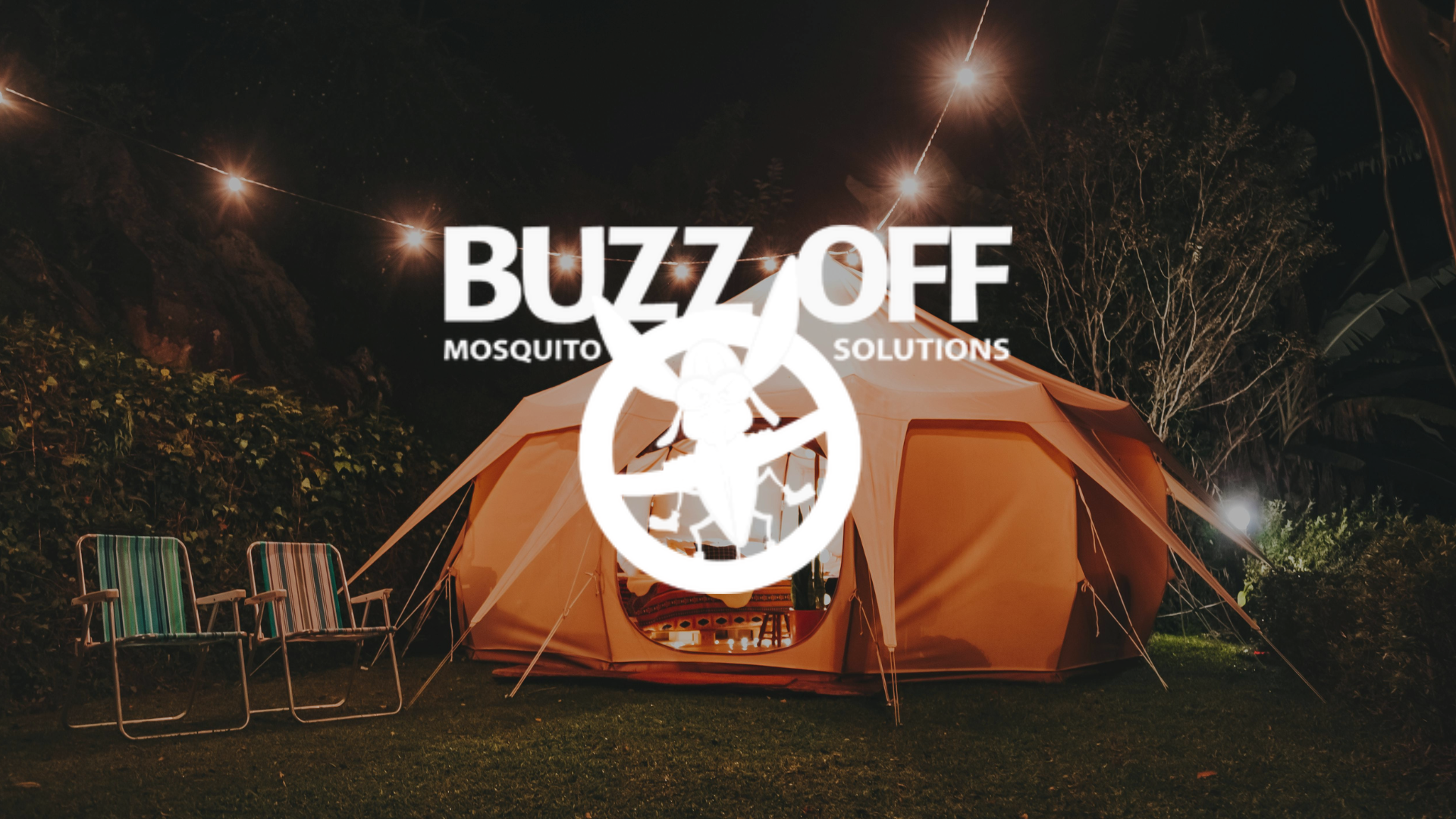 A tent with a buzz off logo in front of it