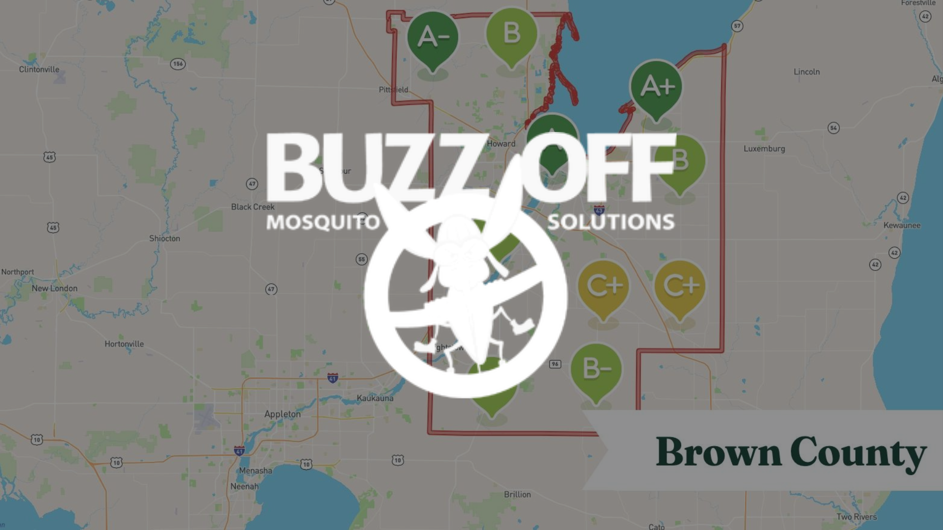 The logo for buzz off mosquito solutions is on a map of brown county wi.