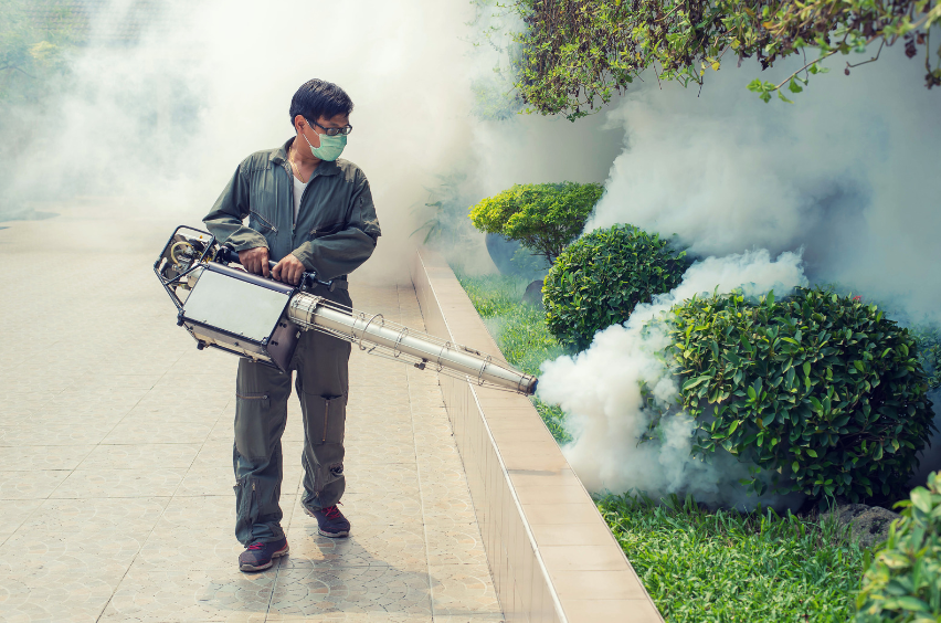 A man wearing a mask is spraying smoke in a garden.