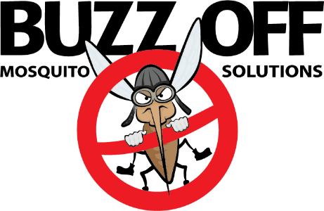 Buzz off mosquito solutions logo with a mosquito in a helmet